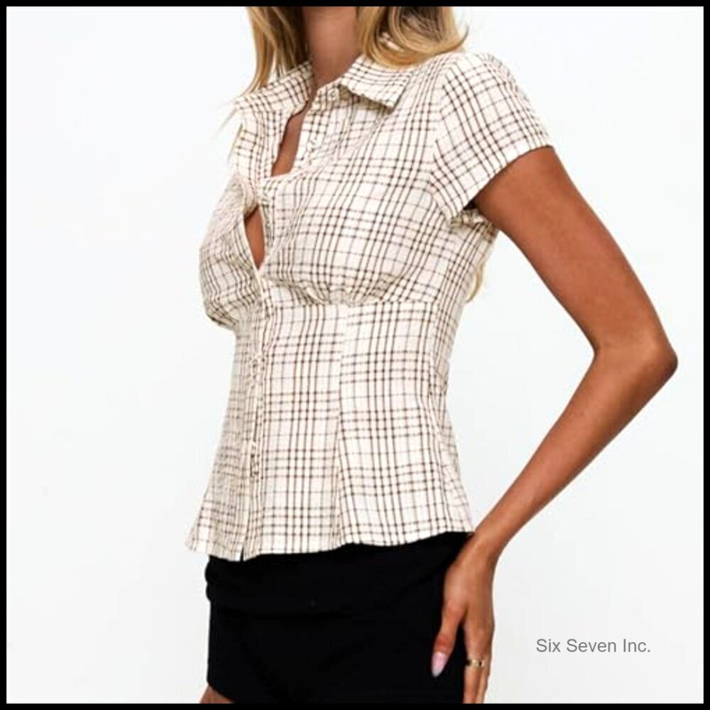 Y2K V-Neck Crop Top Short Sleeve Button-Up Blouse Slim Fit Fairycore - Picture 6 of 7